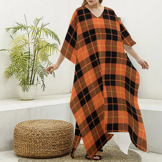 Orange Black And Yellow Tartan Print Silk V-Neck Kaftan Dress
