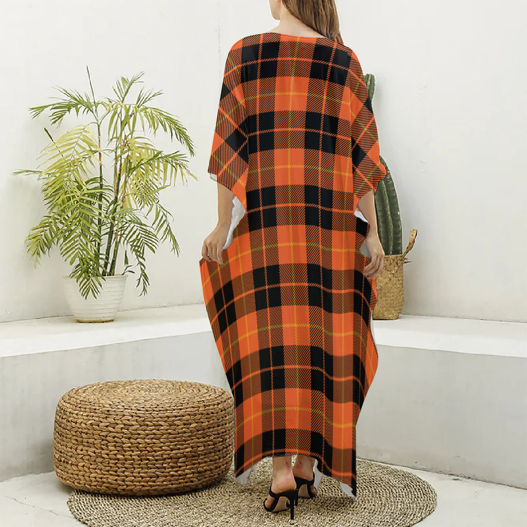 Orange Black And Yellow Tartan Print Silk V-Neck Kaftan Dress