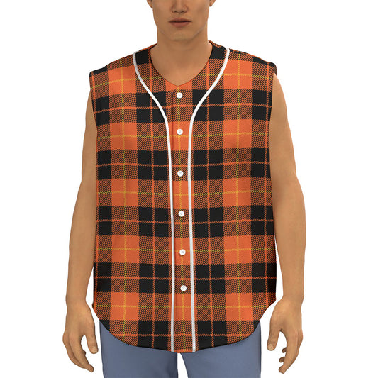 Orange Black And Yellow Tartan Print Sleeveless Baseball Jersey