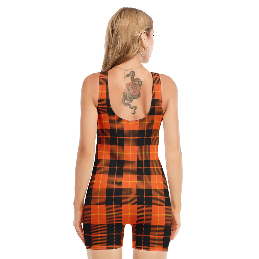 Orange Black And Yellow Tartan Print Sleeveless One Piece Swimsuit