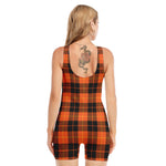 Orange Black And Yellow Tartan Print Sleeveless One Piece Swimsuit
