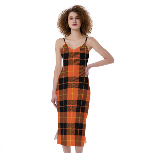 Orange Black And Yellow Tartan Print Slim Fit Midi Cami Dress