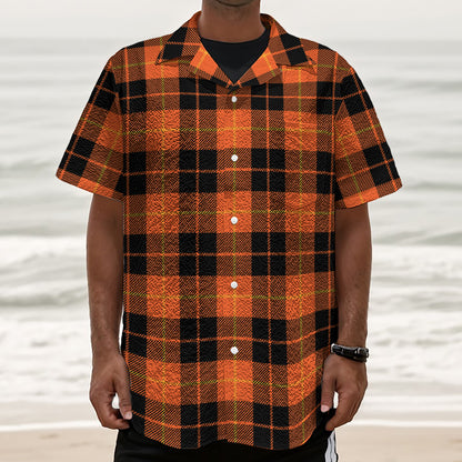 Orange Black And Yellow Tartan Print Textured Short Sleeve Shirt