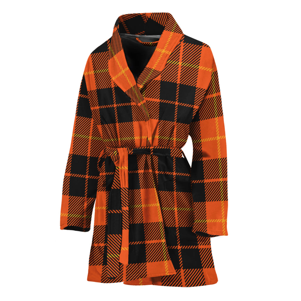 Orange Black And Yellow Tartan Print Women's Bathrobe