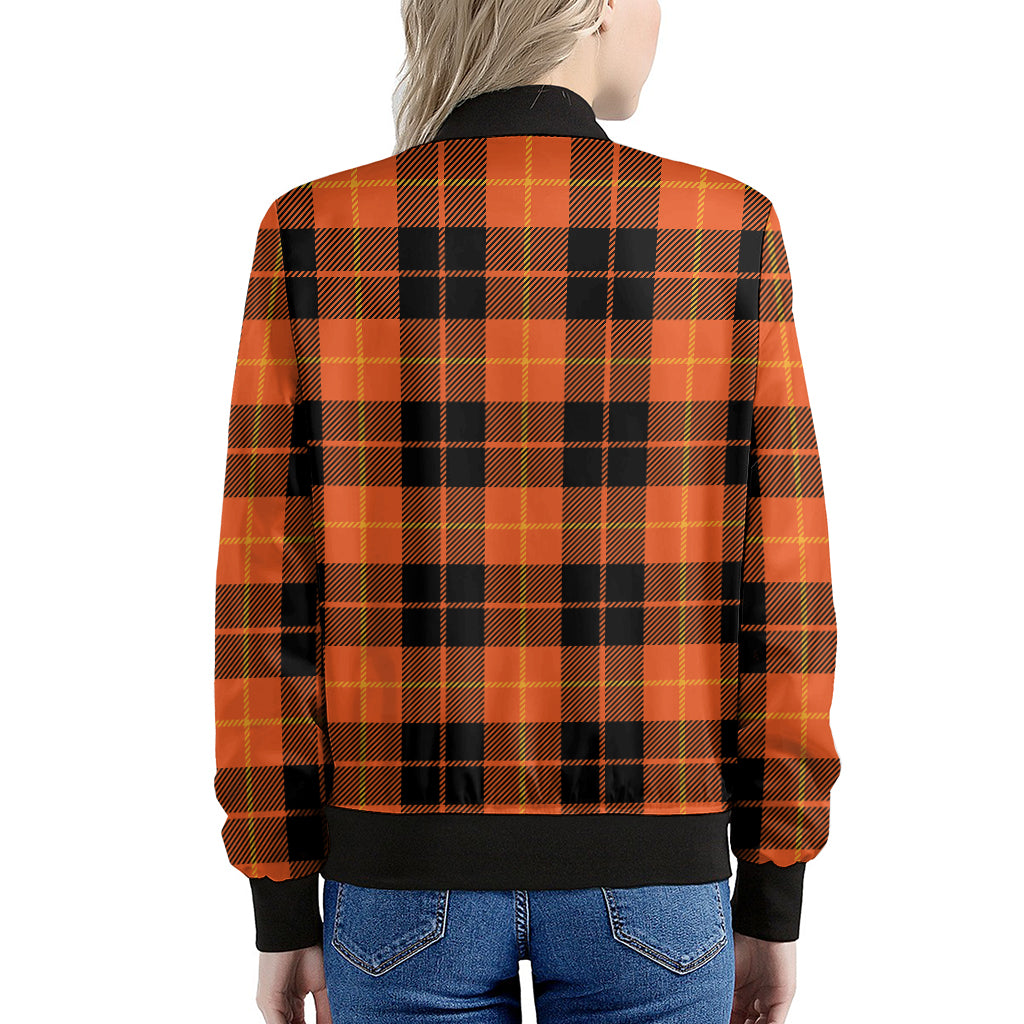 Orange Black And Yellow Tartan Print Women's Bomber Jacket