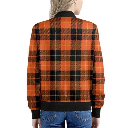 Orange Black And Yellow Tartan Print Women's Bomber Jacket