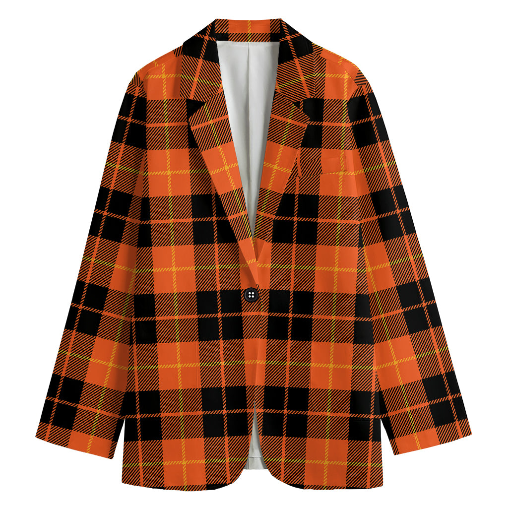 Orange Black And Yellow Tartan Print Women's Cotton Blazer