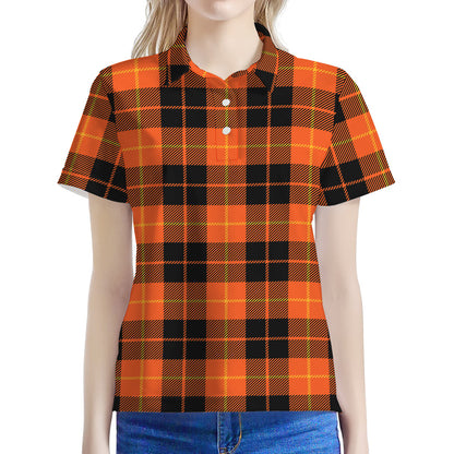 Orange Black And Yellow Tartan Print Women's Polo Shirt