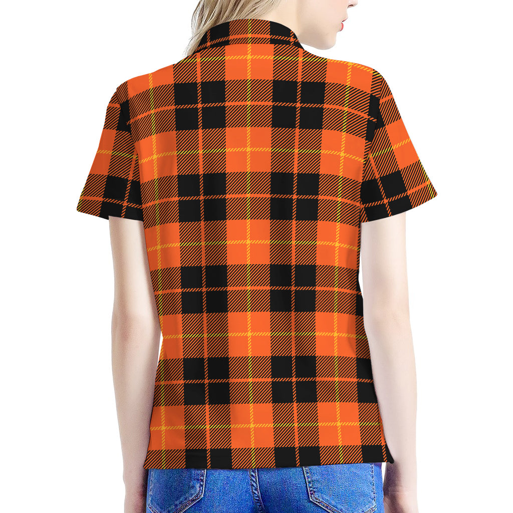 Orange Black And Yellow Tartan Print Women's Polo Shirt