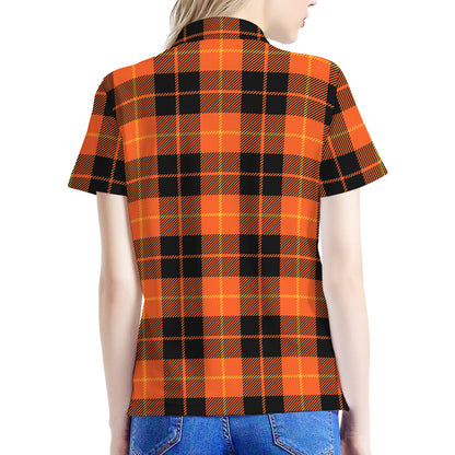 Orange Black And Yellow Tartan Print Women's Polo Shirt