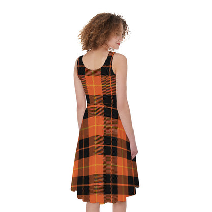 Orange Black And Yellow Tartan Print Women's Sleeveless Dress