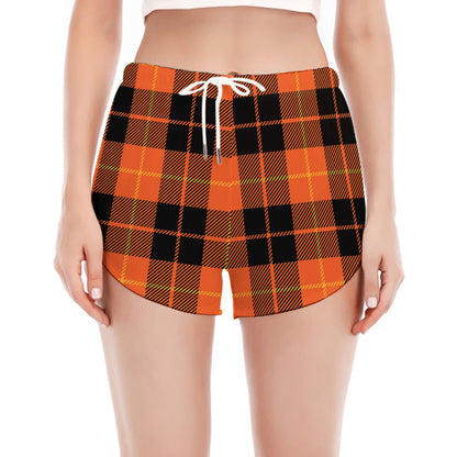 Orange Black And Yellow Tartan Print Women's Split Running Shorts
