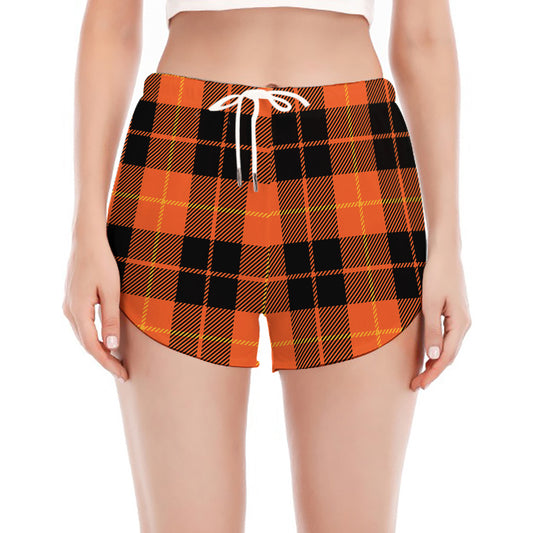Orange Black And Yellow Tartan Print Women's Split Running Shorts