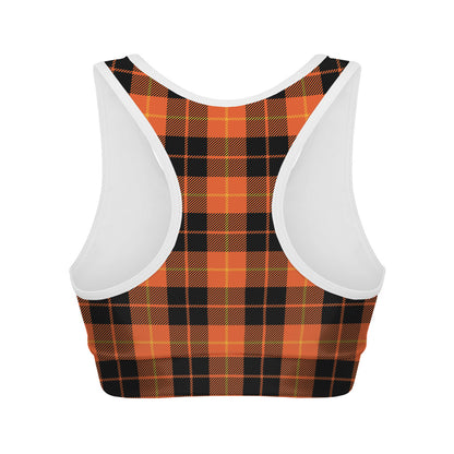 Orange Black And Yellow Tartan Print Women's Sports Bra