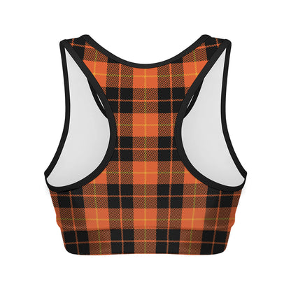 Orange Black And Yellow Tartan Print Women's Sports Bra