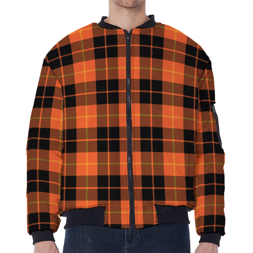 Orange Black And Yellow Tartan Print Zip Sleeve Bomber Jacket