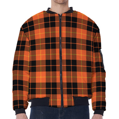 Orange Black And Yellow Tartan Print Zip Sleeve Bomber Jacket