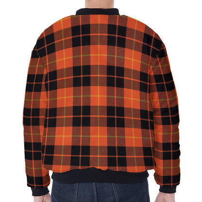 Orange Black And Yellow Tartan Print Zip Sleeve Bomber Jacket