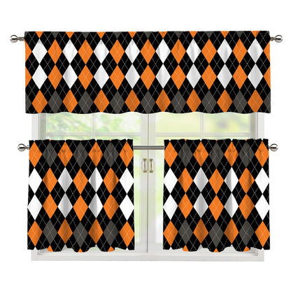 Orange Black Grey And White Argyle Print 3 Piece Kitchen Curtains