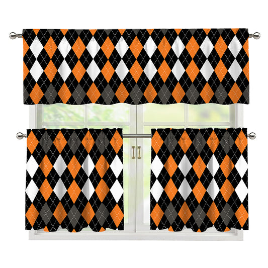 Orange Black Grey And White Argyle Print 3 Piece Kitchen Curtains