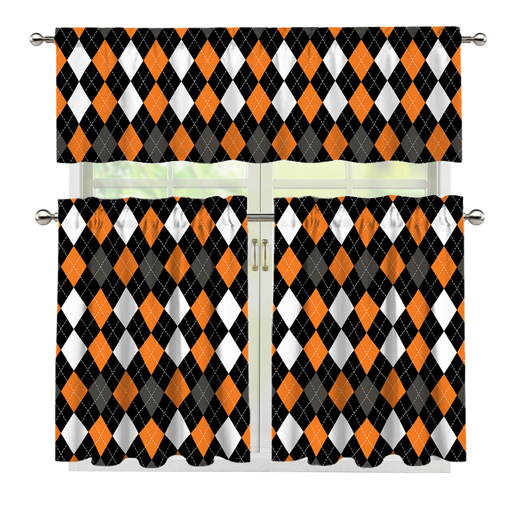 Orange Black Grey And White Argyle Print 3 Piece Kitchen Curtains