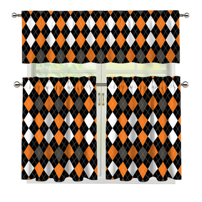 Orange Black Grey And White Argyle Print 3 Piece Kitchen Curtains