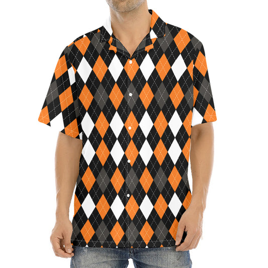 Orange Black Grey And White Argyle Print Aloha Shirt