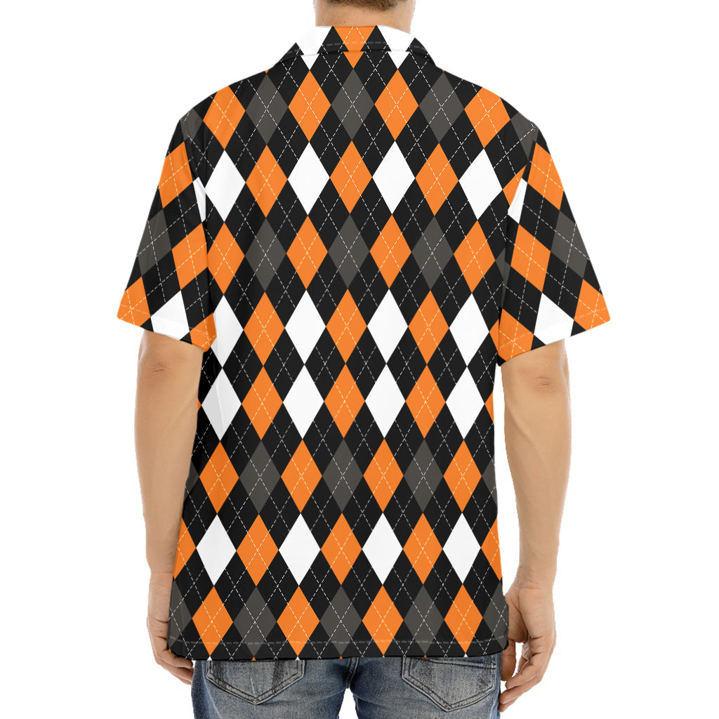 Orange Black Grey And White Argyle Print Aloha Shirt