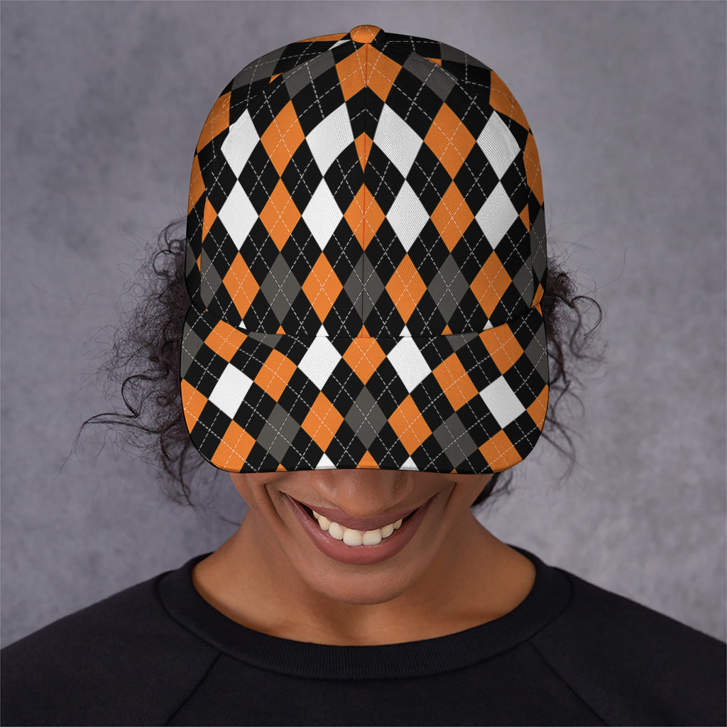 Orange Black Grey And White Argyle Print Baseball Cap