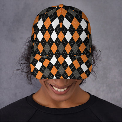 Orange Black Grey And White Argyle Print Baseball Cap