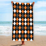 Orange Black Grey And White Argyle Print Beach Towel