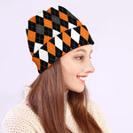 Orange Black Grey And White Argyle Print Beanie