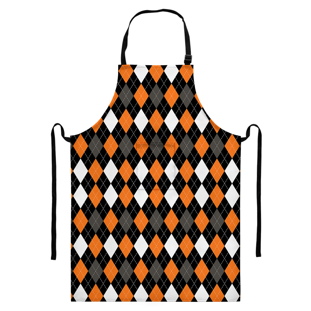 Orange Black Grey And White Argyle Print Bib Apron With Pocket