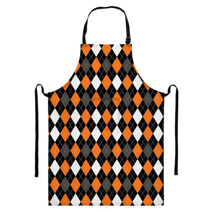 Orange Black Grey And White Argyle Print Bib Apron With Pocket