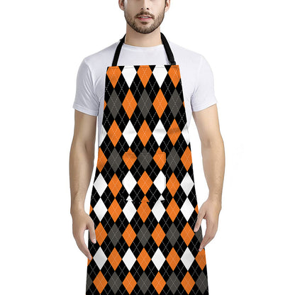 Orange Black Grey And White Argyle Print Bib Apron With Pocket