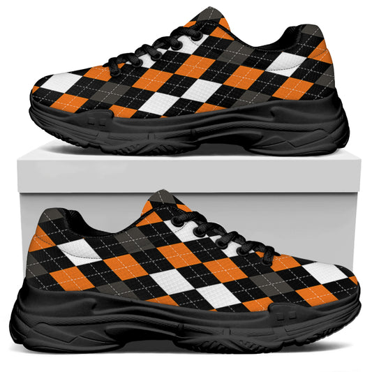Orange Black Grey And White Argyle Print Black Chunky Shoes