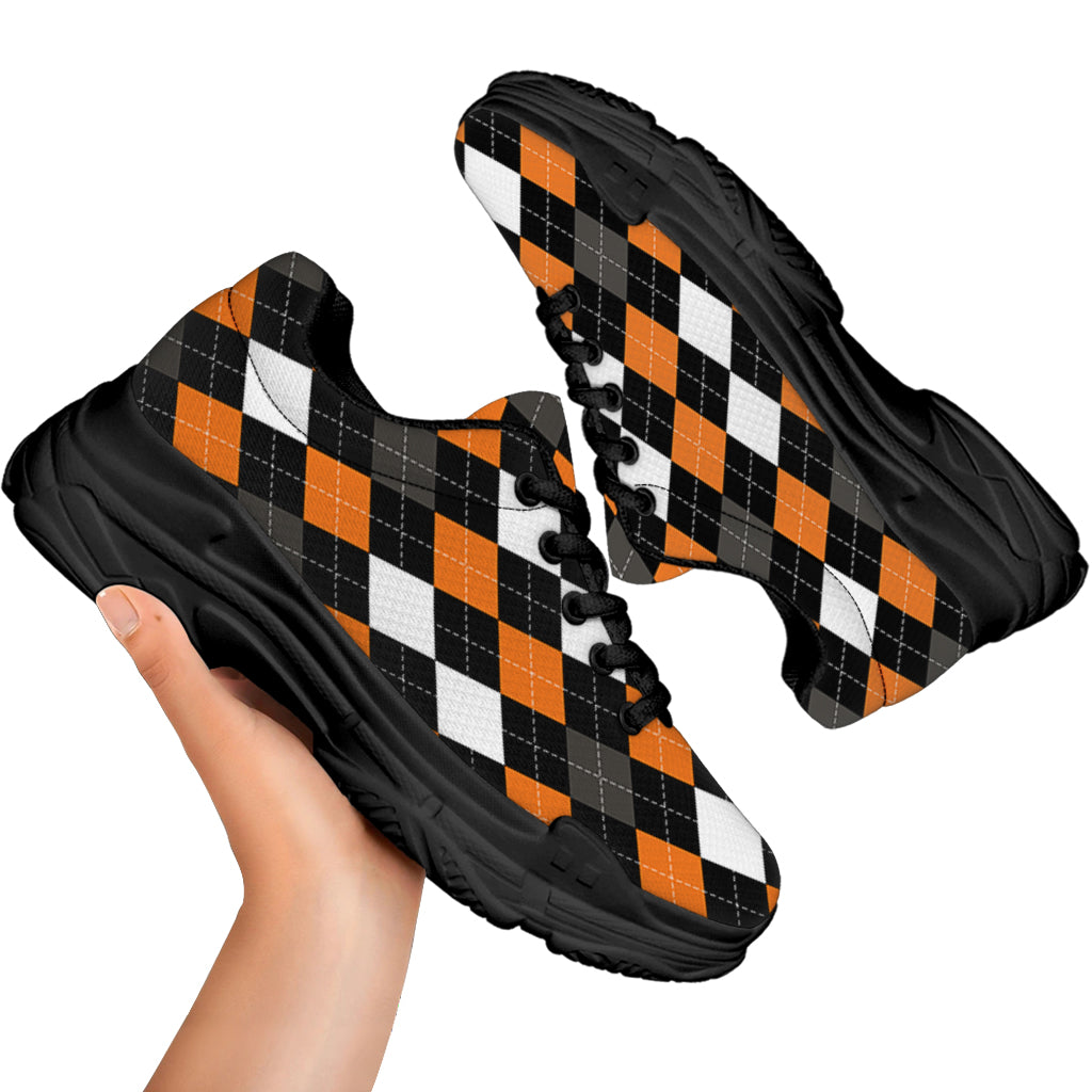 Orange Black Grey And White Argyle Print Black Chunky Shoes