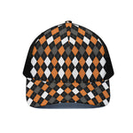 Orange Black Grey And White Argyle Print Black Mesh Trucker Cap