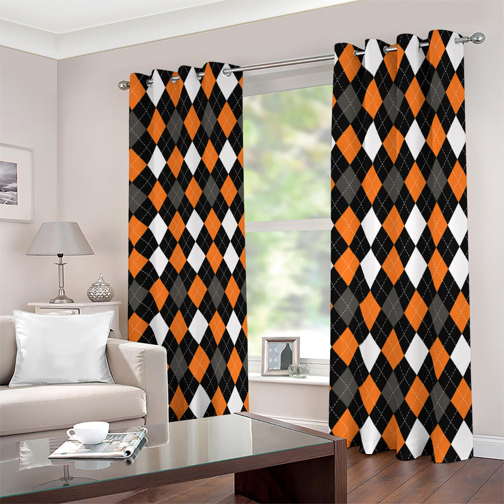 Orange Black Grey And White Argyle Print Blackout Grommet Curtains