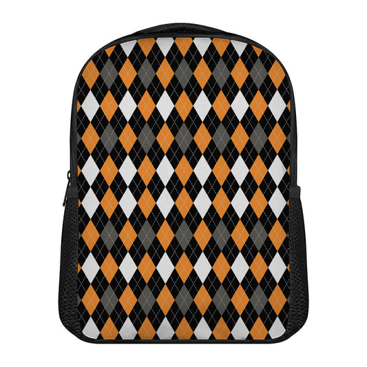 Orange Black Grey And White Argyle Print Casual Backpack