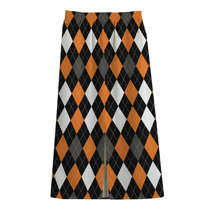 Orange Black Grey And White Argyle Print Cotton Front Slit Maxi Skirt