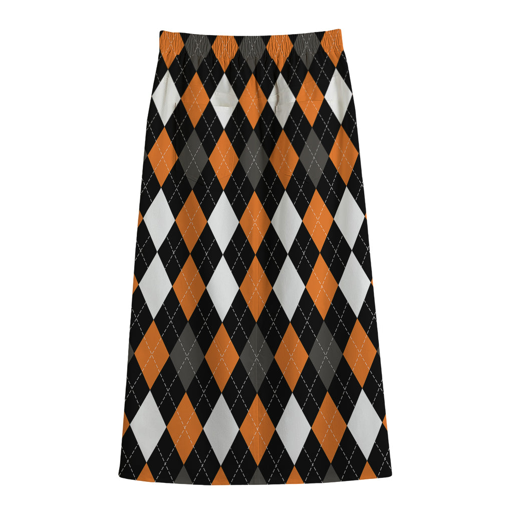 Orange Black Grey And White Argyle Print Cotton Front Slit Maxi Skirt