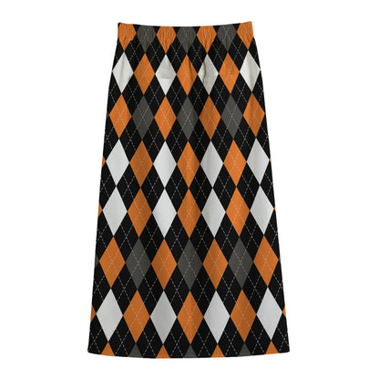 Orange Black Grey And White Argyle Print Cotton Front Slit Maxi Skirt