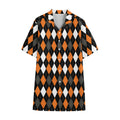 Orange Black Grey And White Argyle Print Cotton Hawaiian Shirt