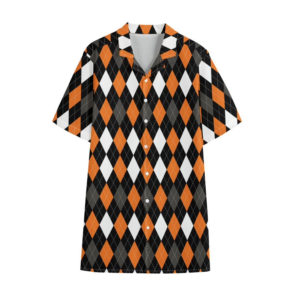 Orange Black Grey And White Argyle Print Cotton Hawaiian Shirt