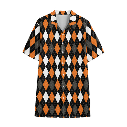 Orange Black Grey And White Argyle Print Cotton Hawaiian Shirt