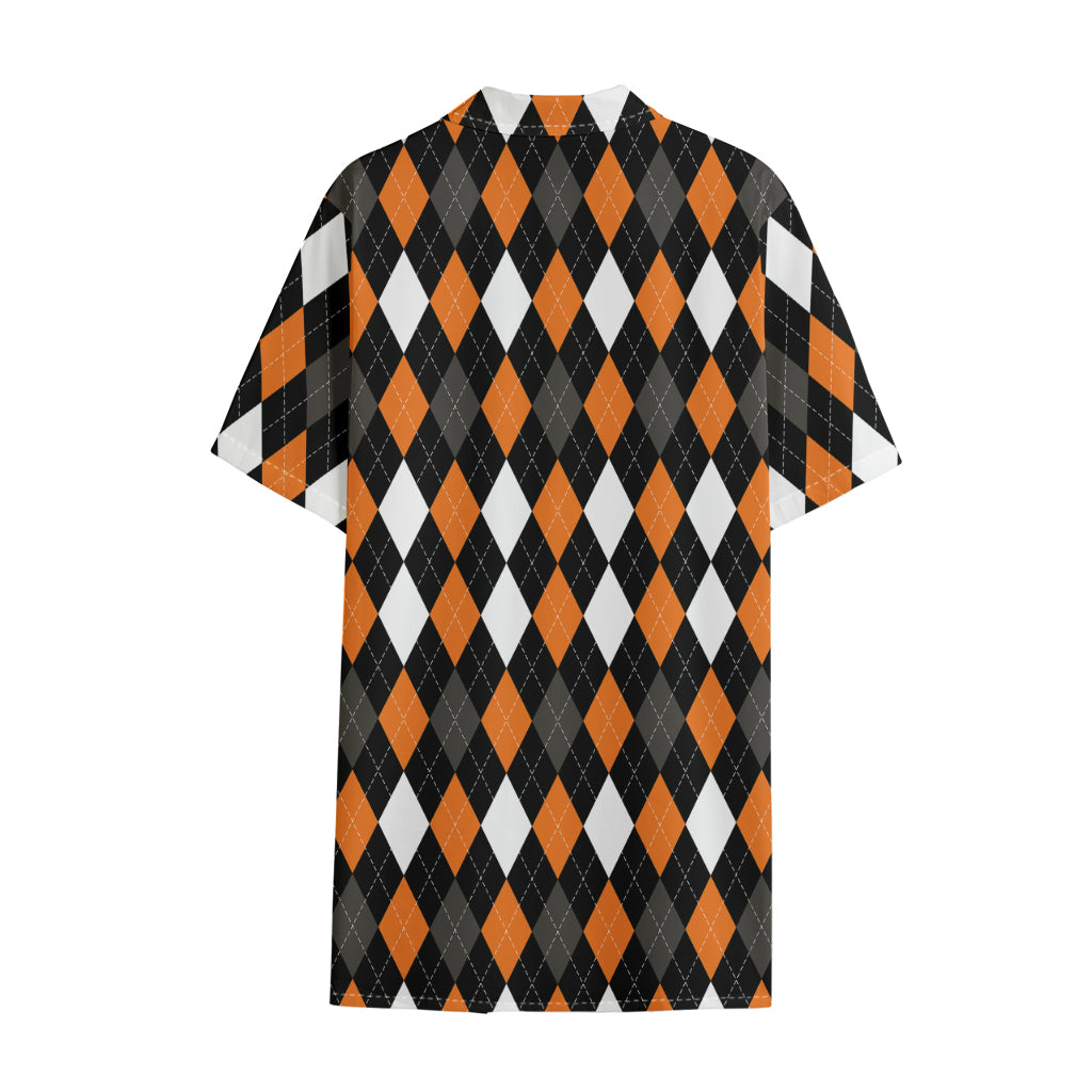 Orange Black Grey And White Argyle Print Cotton Hawaiian Shirt