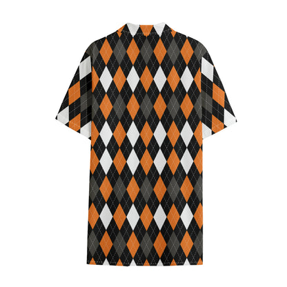 Orange Black Grey And White Argyle Print Cotton Hawaiian Shirt