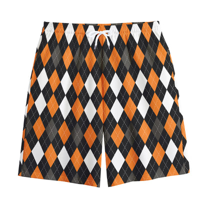 Orange Black Grey And White Argyle Print Cotton Shorts