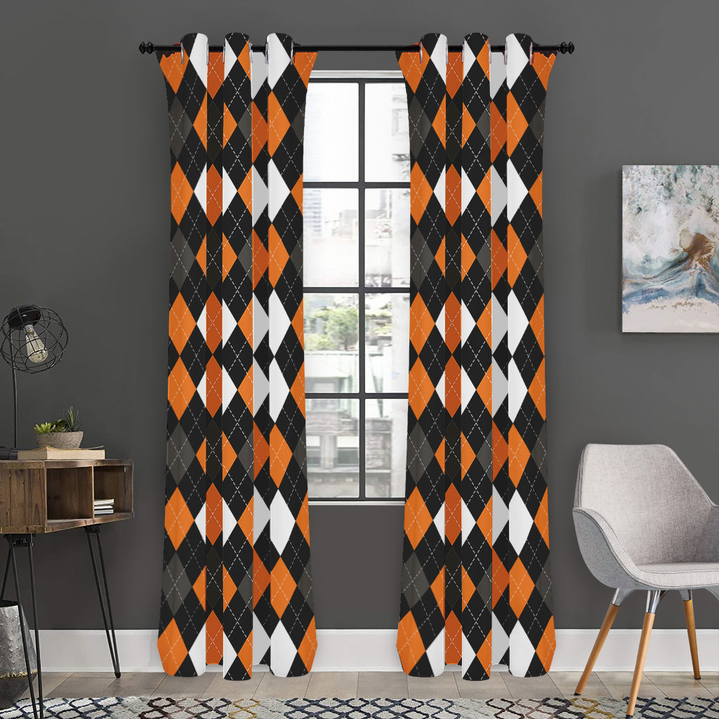Orange Black Grey And White Argyle Print Curtain